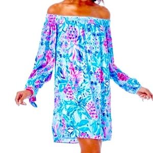 Lilly Pulitzer Maryellen Womens Dress L Multicolor Floral Off The Shoulder euc